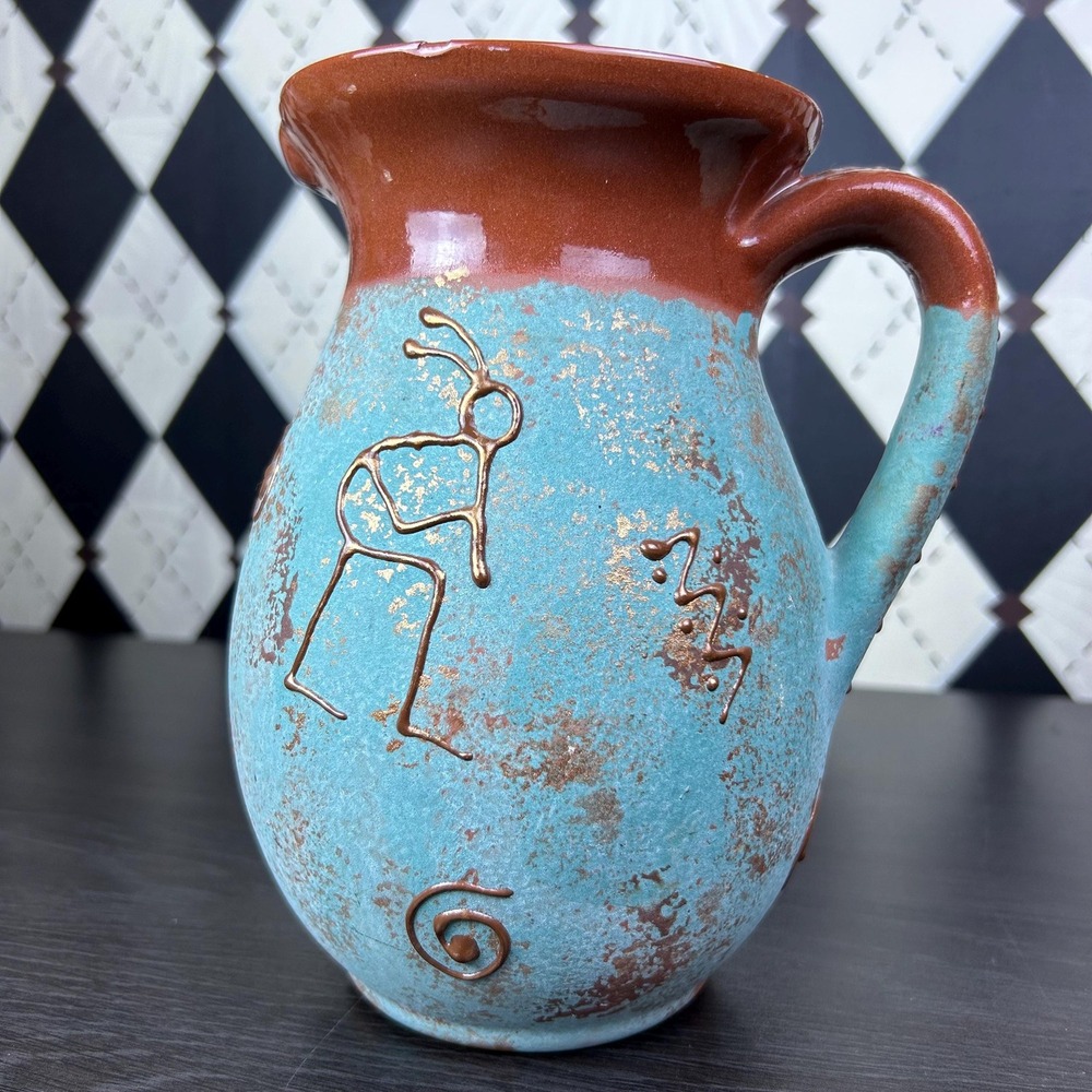 Southwestern Pottery Petroglyph Pitcher Turquoise And terracotta Vase Kokopelli - Picture 9 of 16